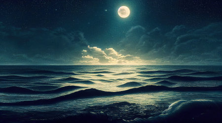Night seascape, full moon and stars shine in the sky above the water surface 3d illustrationの写真素材