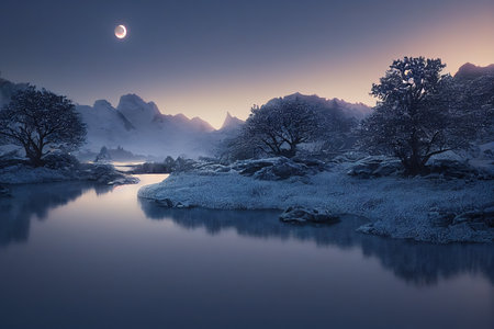 Winter landscape with white mountains, snow and firs on the river bank at night under the full moon 3d illustrationの写真素材