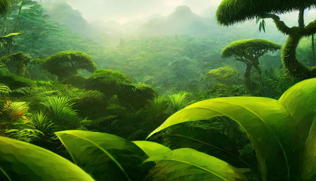 Thickets of various green plants in the jungle, large leaves of trees and bushes and mountains on...