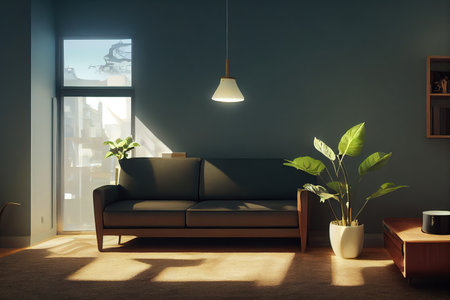 Living room with sofa, potted green plants, coffee table, wooden floor, lamp and large window with...