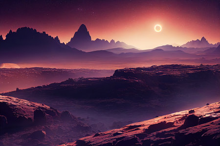 Planet surface at night with mountains, rocks and dark starry sky and full moon 3d illustration