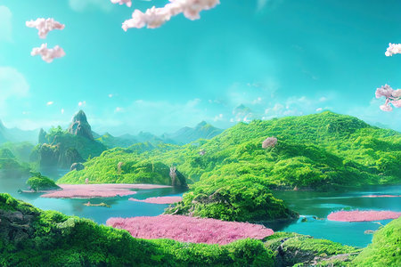 Landscape with islands, trees with a green crown, with green grass and water bodies under pink clouds 3d illustrationの写真素材