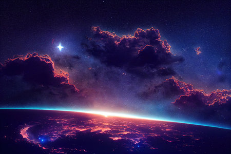 Beautiful night starry sky with a purple smoky glow over the surface of the Earth 3d illustration