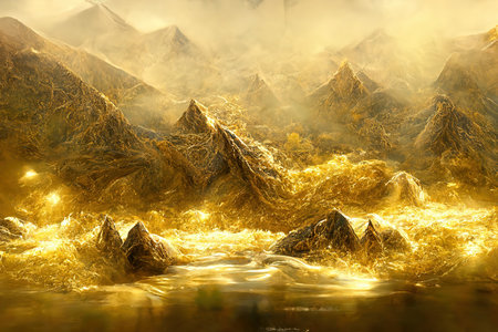 Minimalistic mountain landscape with watercolor brush in Japanese traditional style. Wallpaper with abstract art for prints or covers. 3d artworkの写真素材