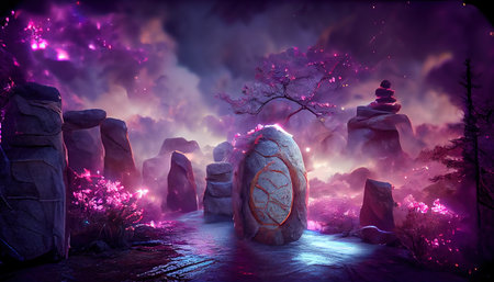 Magic portal on stone wall with mystical purple glow at night and starry sky 3d illustrationの写真素材