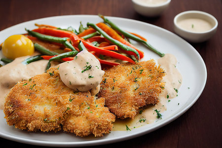 Juicy fried pieces of breaded meat with mustard-cream sauce and baked vegetables 3d illustration