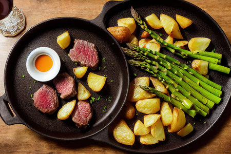 Juicy beef medallions with fried potatoes and green asparagus in a frying pan 3d illustrationの写真素材