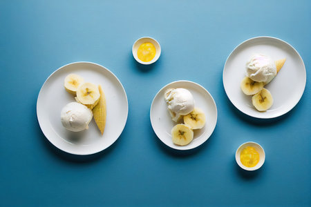 Fresh banana slices and vanilla ice cream scoops in white plates on a blue surface 3d illustration