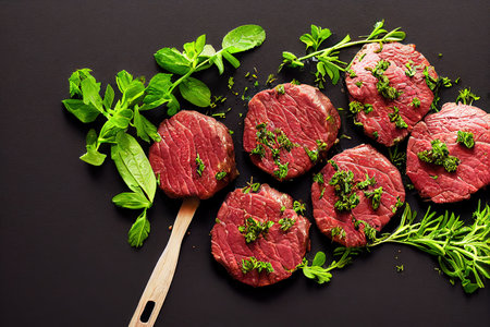 Juicy beef medallions with herbs on a dark table surface 3d illustrationの写真素材