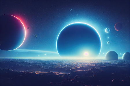 The planets with their satellites are placed in the center of stellar space. 3D rendering
