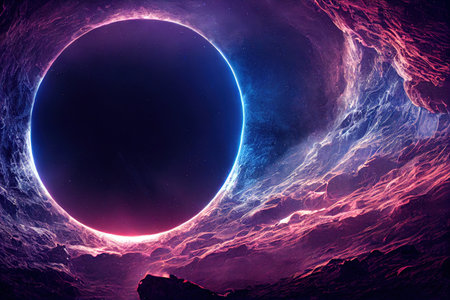 In the center of the picture is a large round portal. 3D illustrationの写真素材