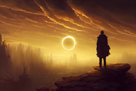 A man stands on a rocky cliff against a cloudy sky and looks at a bright circle with a glow 3d...