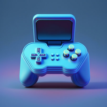 Joystick gamepad, game console or game controller illuminated by neon light. electronic isolated on a blue background. 3d illustrationの写真素材