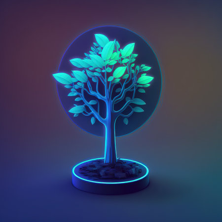 Money tree plant with coin dollar illuminated by neon light, electronic isolated on a blue background. 3d illustrationの写真素材