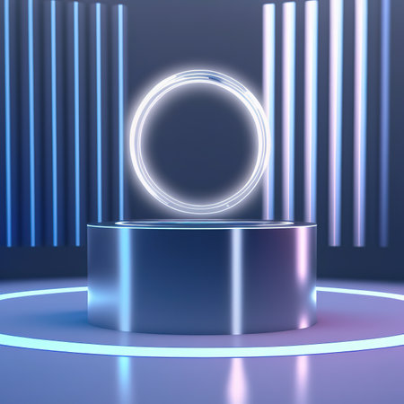 Abstract 3D silver cylinder pedestal podium floating on air with glowing neon ring background. Digital stand for gadgets, scene. Dark template for presentation modern exhibition or gallery. 3d illustrationの写真素材