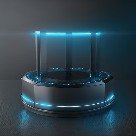 Futuristic pedestal for product presentation. Digital stand for gadgets, scene. Dark template for...