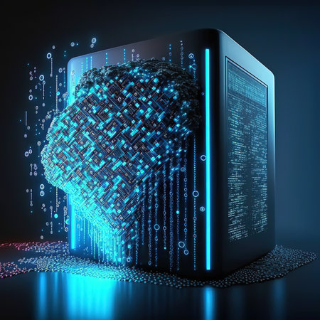 AI or artificial intelligence analyzing flow of data in social networks. Futuristic modern 3d...