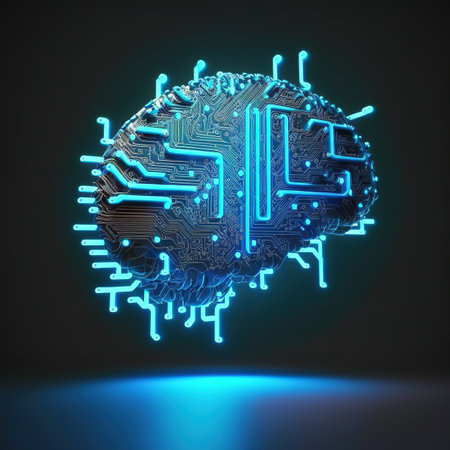 Circuit board in shape electronic brain with gyrus, symbol ai hanging over hand. Futuristic modern...