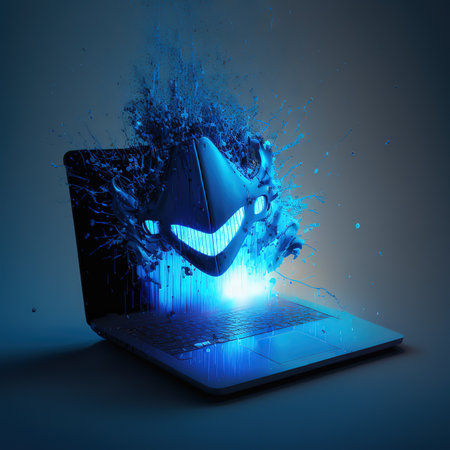 Hacked laptop by a hacker. Futuristic modern 3d illustrationの写真素材