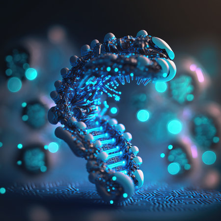 Micro robot edits dna molecule. Futuristic modern 3d illustrationの写真素材