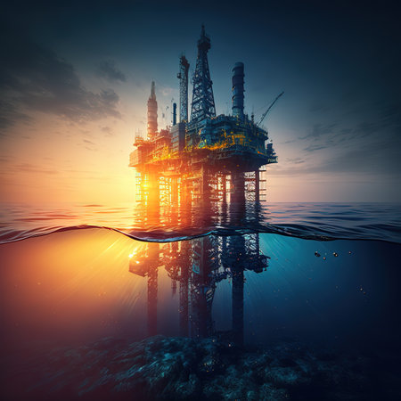 Offshore Oil or Gas Rig in sea at sunset time. industry drill platform in ocean. Futuristic modern 3d illustrationの写真素材