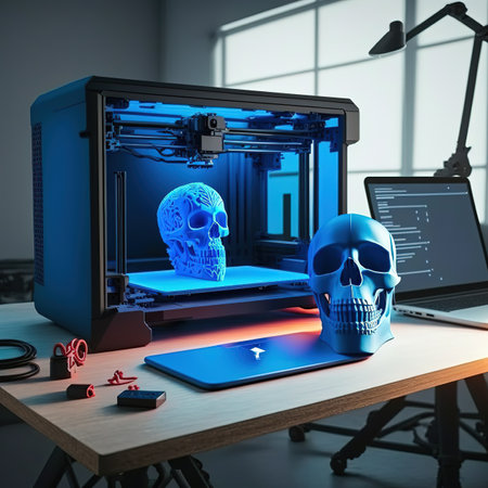 SLA 3d printer, laptop on table in workshop of additive 3d maker. 3d printing isometric concept....