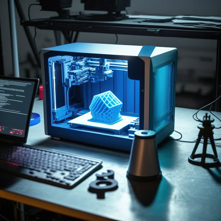 SLA 3d printer, laptop on table in workshop of additive 3d maker. Futuristic modern 3d illustration