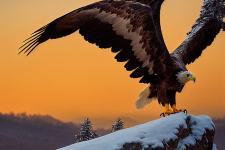 Mountain eagle with big wings sits on a snowy rock 3D illustration