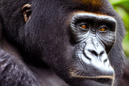 Big monkey burned with dark fur and intelligent eyes in the wild 3D illustration