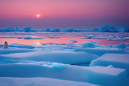 Polar bear among ice floes and snow under a pink-blue sky during sunset 3D illustrationの写真素材