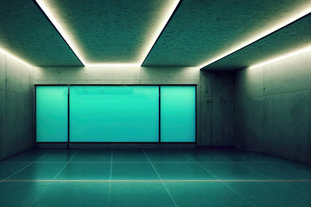Modern empty futuristic room in neon cyberpunk style. Realistic cinematic light. Template, layout of...