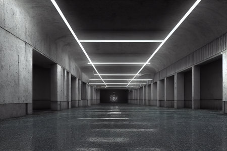 Modern empty futuristic room in neon cyberpunk style. Realistic cinematic light. Template, layout of...