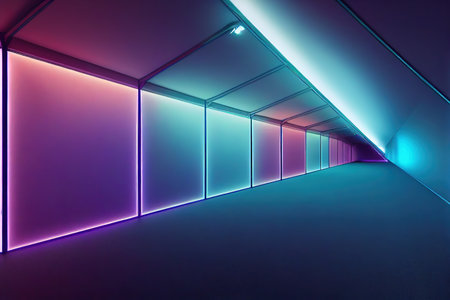 Modern empty futuristic room in neon cyberpunk style. Realistic cinematic light. Template, layout of...