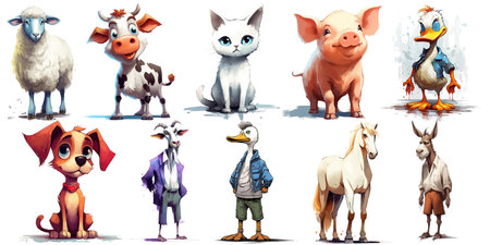 Sheep, goat, cow, donkey, horse, pig, cat, dog, duck, goose. Cute baby animals isolated on...