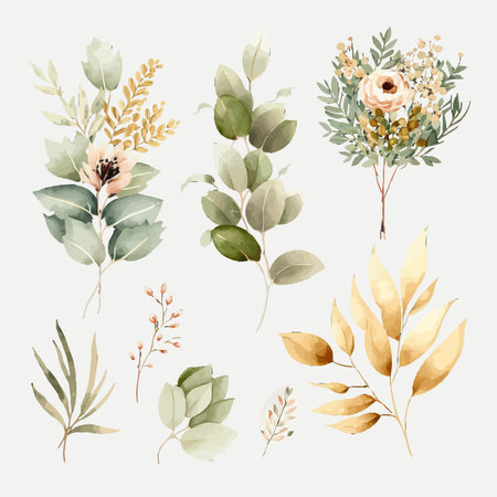 Watercolor floral illustration set - flower and green gold leaf. Decorative elements template. Flat cartoon illustration isolated on white backgroundのイラスト素材