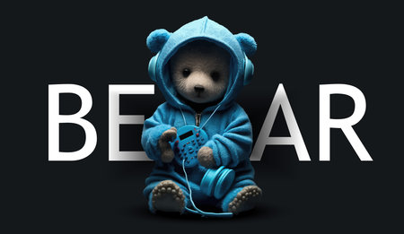 Cute teddy bear in a tracksuit with headphones. Funny charming illustration of a teddy bear on a...