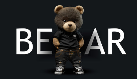 Cute teddy bear in light pants and a black t-shirt. Funny charming illustration of a teddy bear on a...