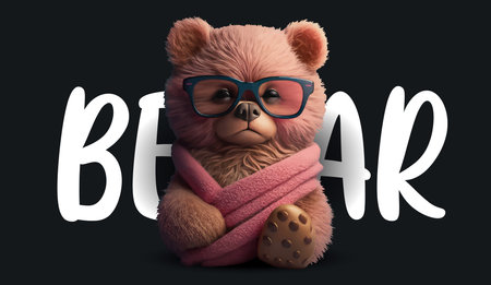 Cute teddy bear is resting. Funny charming illustration of a teddy bear on a black background. Print...