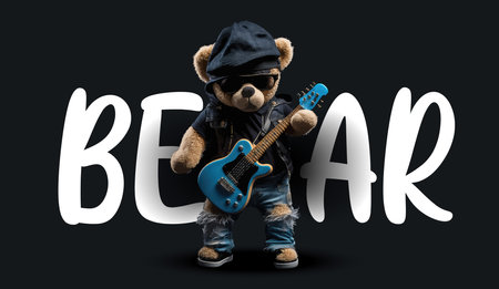 Cute teddy bear in sunglasses plays the guitar. Funny charming illustration of a teddy bear on a black background. Print for your clothes or postcards. Vector illustrationのイラスト素材