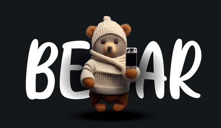 Cute teddy bear taking a selfie. Funny charming illustration of a teddy bear on a black background....