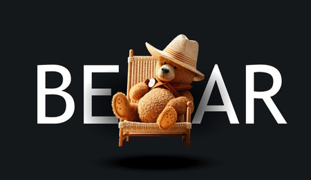 A cute teddy bear in a straw hat is sunbathing in a sun lounger. Funny charming illustration of a...