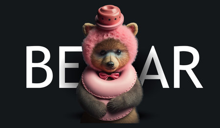 Cute teddy bear with big pink donut. Funny charming illustration of a teddy bear on a black...