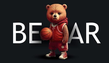 Cute teddy bear plays basketball in a red sports uniform. Funny charming illustration of a teddy bear on a black background. Print for your clothes or postcards. Vector illustrationのイラスト素材