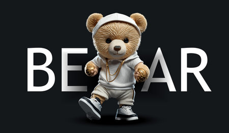 Cute teddy bear in a light tracksuit. Funny charming illustration of a teddy bear on a black...