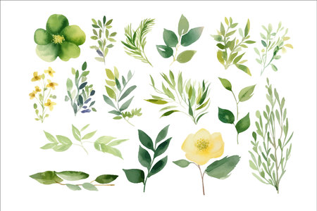 Watercolor floral illustration set. Decorative flower elements template. Flat cartoon illustration isolated on white backgroundのイラスト素材