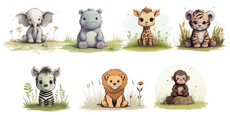 Set Ñute baby funny animals Lion, hippopotamus, elephant, monkey and giraffe, zebra and tiger are sitting on the lawn in watercolor style. Flat vector illustrations isolated on white backgroundのイラスト素材