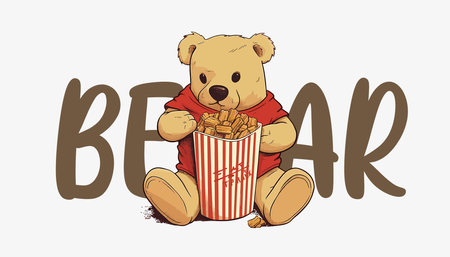 Cartoon teddy bear eats french fries. Vector illustrationのイラスト素材