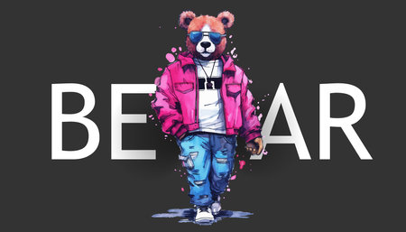 Teddy bear in sunglasses and a pink jacket, fashion-illustration style. Vector illustrationのイラスト素材