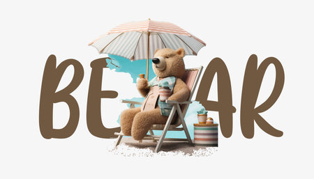 Teddy bear sits on a sun lounger with a drink, graphic style. Vector illustrationのイラスト素材