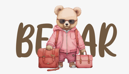 A cute little teddy bear dressed in pink clothes with sunglasses and a purse. Vector illustrationのイラスト素材